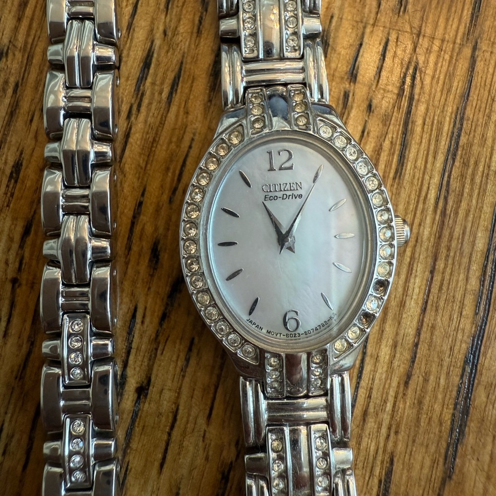 Citizen Silver Watch with Intricate Bracelet and Crystal Accents